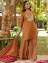 Janasya Women's Brown Georgette Embroidered Straight Kurta With Sharara & Dupatta Set